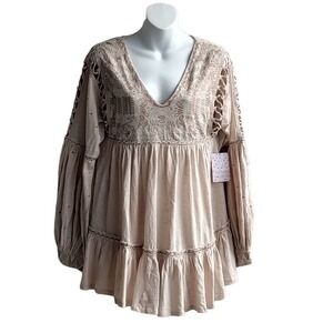 Free People Sm Salt Much Love Embroi Ladder Stitch Ruffle Trim Balloon Sleev Top